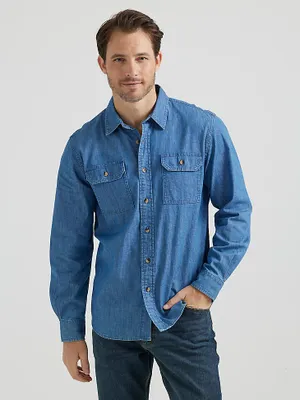 Men’s Wrangler® Long Sleeve Twill/Denim Shirt Mid Wash