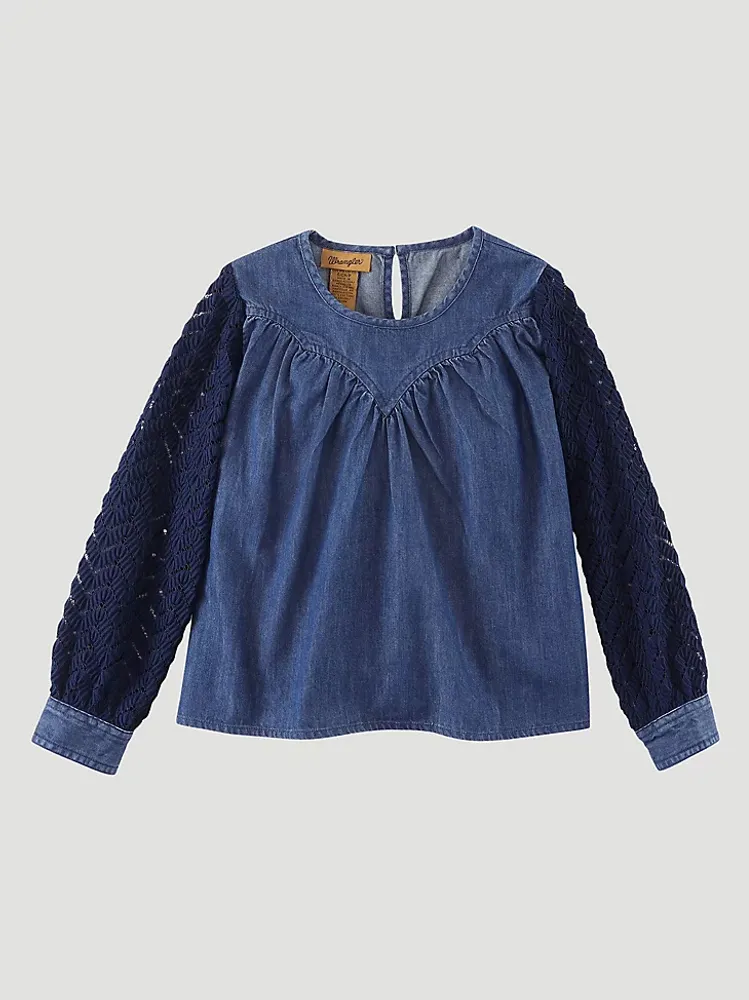 Girl's Gathered Yoke Knit Sleeve Denim Top Indigo