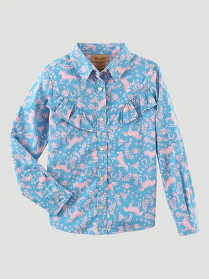 Girl's Long Sleeve Cowgirl Horse Print Western Snap Shirt Blue