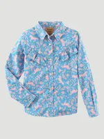 Girl's Long Sleeve Cowgirl Horse Print Western Snap Shirt Blue