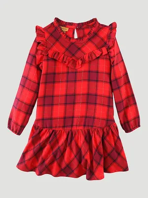 Girl's Ruffle Yoke Drop Waist Flannel Dress Red