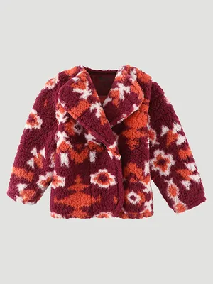 Little Girl's Collared Sherpa Cardigan Burgundy