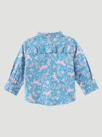 Little Girl's Long Sleeve Horse Print Western Snap Shirt Blue