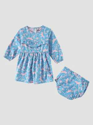 Little Girl's Long Sleeve Horse Print Dress Blue