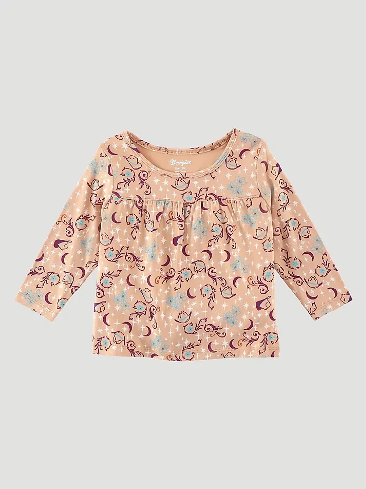 Little Girl's Cowgirl Hat Printed Top Tan