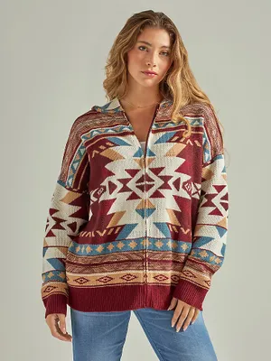 Women's Wrangler Retro® Southwestern Full Zip Hooded Sweater Burgundy