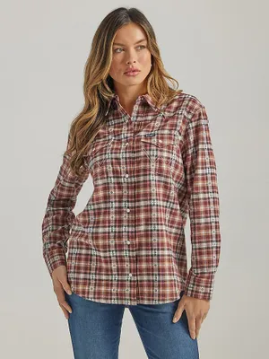 Women's Wrangler Retro® Long Sleeve Boyfriend Fit Flannel Plaid Shirt Argan Oil