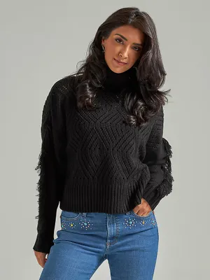 Women's Wrangler Retro® Fringe Sleeve Turtleneck Sweater Black