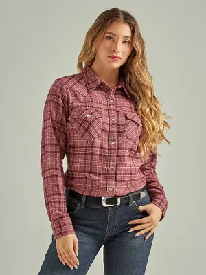 Women's Essential Long Sleeve Flannel Plaid Western Snap Shirt Ash Rose