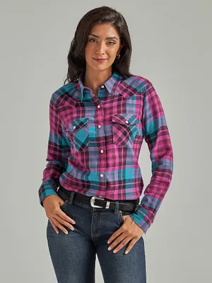 Women's Essential Long Sleeve Flannel Plaid Western Snap Shirt Wild Aster