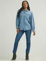 Women's Balloon Sleeve Denim Shirt Scarecrow Blue