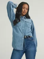 Women's Balloon Sleeve Denim Shirt Scarecrow Blue