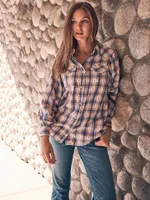 Women's Balloon Sleeve Plaid Shirt Federal Blue