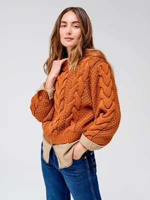 Women's Cable Knit Sweater Leather Brown