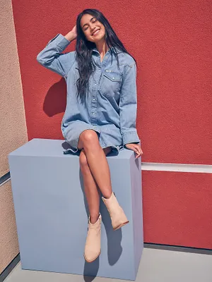 Women's Loose Fit Denim Shirt Dress Scarecrow Blue