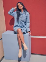 Women's Loose Fit Denim Shirt Dress Scarecrow Blue