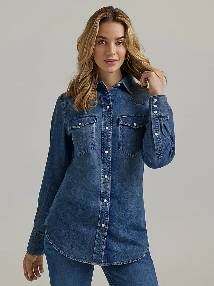 Women's Wrangler Denim Cowboy Snap Shirt Navy