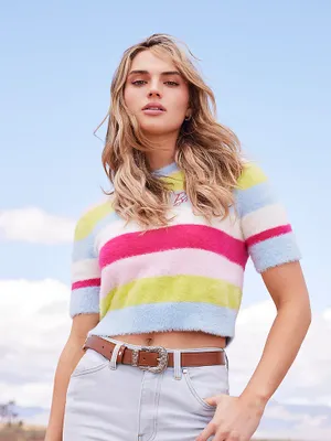 Wrangler x Barbie™ Cropped Fuzzy Rainbow Sweater Stripe