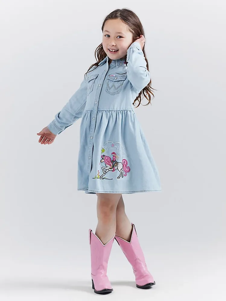 Wrangler x Barbie™ Girl's Embroidered Denim Shirt Dress Ken Blue