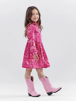 Wrangler x Barbie™ Girl's Bandana Western Snap Shirt Dress Pink