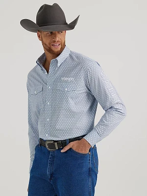 Men's Wrangler® Logo Long Sleeve Button-Down Print Shirt Pale Blue