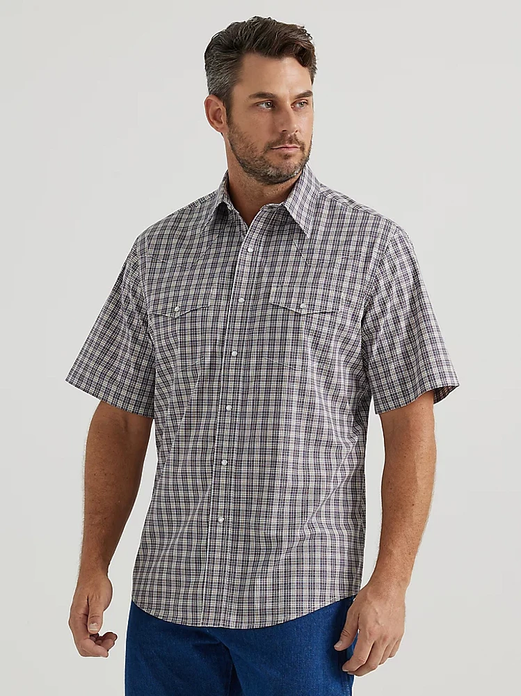 Men's Wrinkle Resist Short Sleeve Western Snap Plaid Shirt Plum