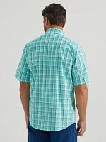 Men's Wrinkle Resist Short Sleeve Western Snap Plaid Shirt Racing Turquoise