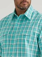 Men's Wrinkle Resist Short Sleeve Western Snap Plaid Shirt Racing Turquoise