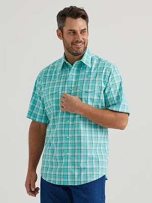 Men's Wrinkle Resist Short Sleeve Western Snap Plaid Shirt Racing Turquoise