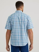 Men's Wrinkle Resist Short Sleeve Western Snap Plaid Shirt Bass Blue