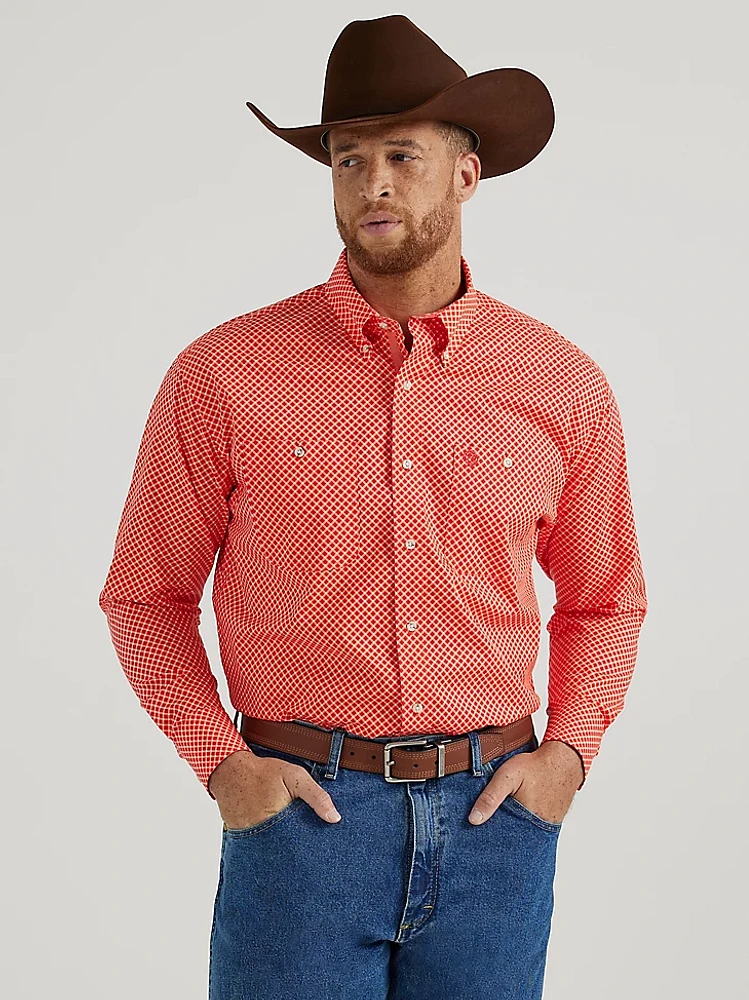 Wrangler® George Strait™ Long Sleeve Button Down Two Pocket Shirt Fiesta Red Cross