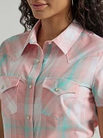 Women's Essential Short Sleeve Plaid Western Snap Top Watermelon