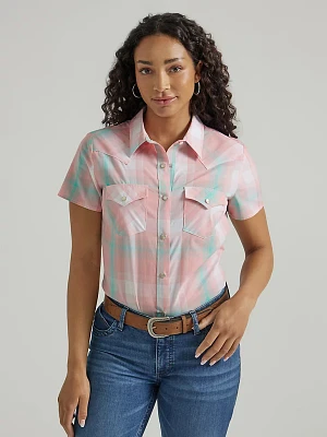 Women's Essential Short Sleeve Plaid Western Snap Top Watermelon