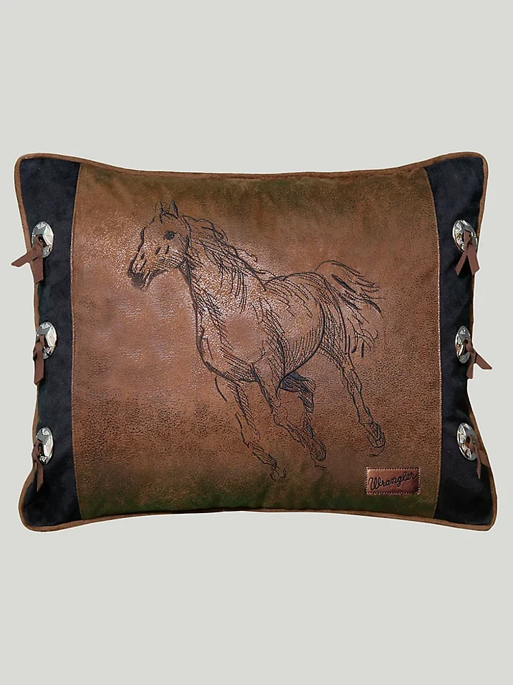 Wrangler Faux Leather Horse Accent Throw Pillow:Brown:One Size