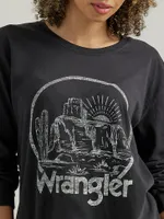 Women's Long Sleeve Watercolor Desert Graphic Tee Washed Black