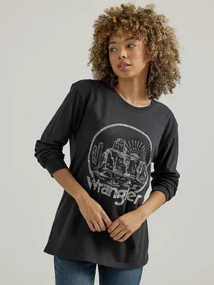 Women's Long Sleeve Watercolor Desert Graphic Tee Washed Black