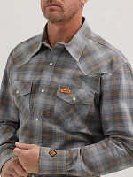 Men's Wrangler® FR Flame Resistant Long Sleeve Western Snap Plaid Shirt Grey/Orange