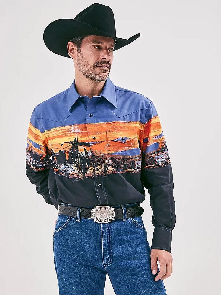 Men's Checotah® Long Sleeve Western Snap Printed Shirt Panorama Black