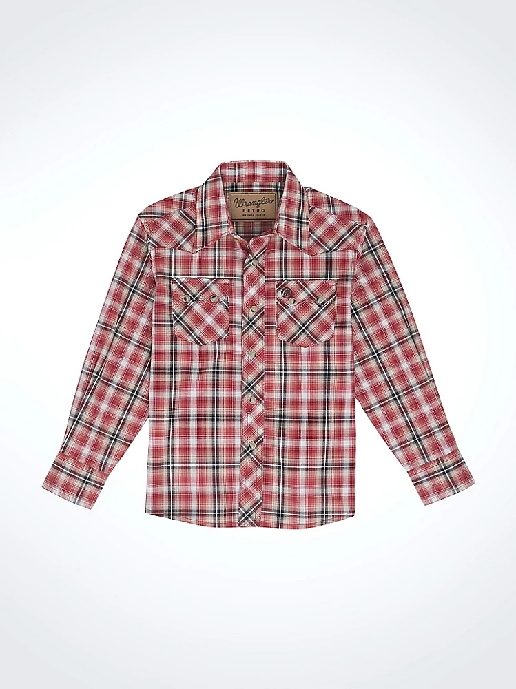 Boy's Wrangler Retro® Western Snap Plaid Shirt with Front Sawtooth Pockets Vermilion Red