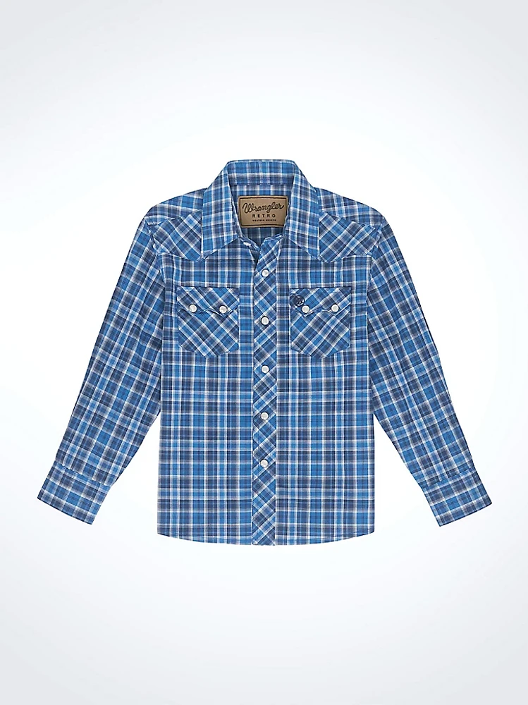 Boy's Wrangler Retro® Western Snap Plaid Shirt with Front Sawtooth Pockets Azure Chromatic