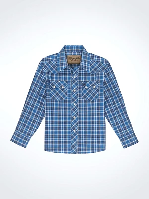 Boy's Wrangler Retro® Western Snap Plaid Shirt with Front Sawtooth Pockets Azure Chromatic