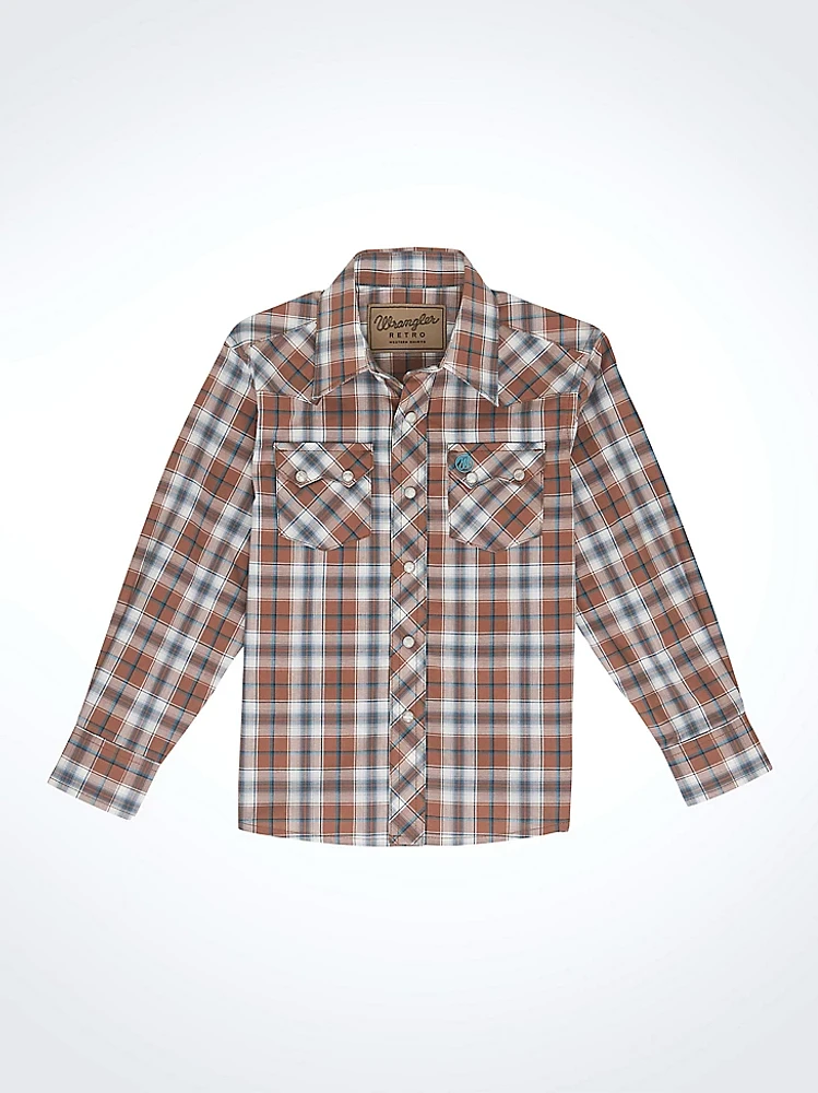 Boy's Wrangler Retro® Western Snap Plaid Shirt with Front Sawtooth Pockets Brown Bark