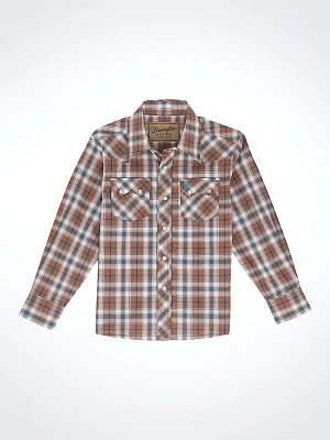 Boy's Wrangler Retro® Western Snap Plaid Shirt with Front Sawtooth Pockets Brown Bark