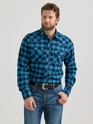 Men's Wrangler Retro® Long Sleeve Flannel Western Snap Plaid Shirt Azure Buffalo