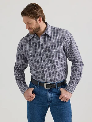 Men's Wrinkle Resist Long Sleeve Western Snap Plaid Shirt Grey Blue