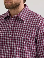 Men's Wrinkle Resist Long Sleeve Western Snap Plaid Shirt Deep Red