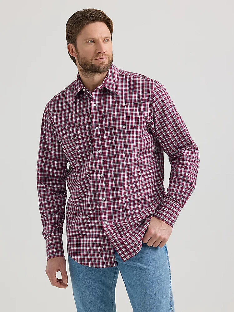 Men's Wrinkle Resist Long Sleeve Western Snap Plaid Shirt Deep Red