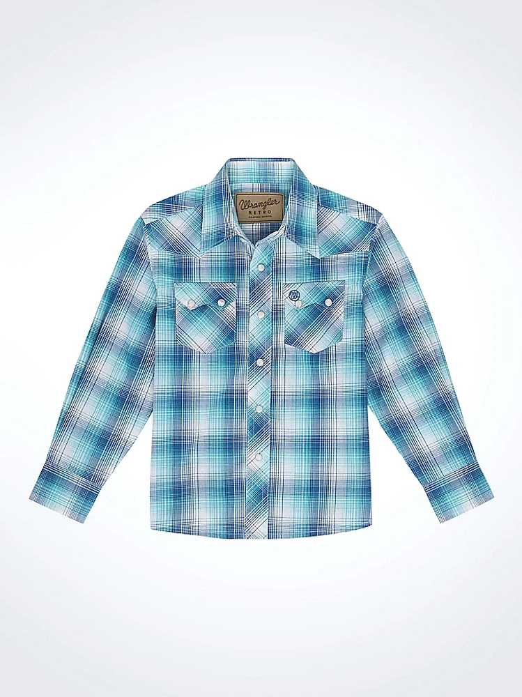 Boy's Wrangler Retro® Western Snap Plaid Shirt with Front Sawtooth Pockets Turquoise Blues