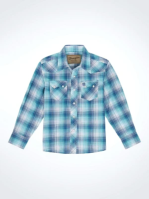 Boy's Wrangler Retro® Western Snap Plaid Shirt with Front Sawtooth Pockets Turquoise Blues