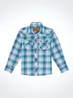 Boy's Wrangler Retro® Western Snap Plaid Shirt with Front Sawtooth Pockets Turquoise Blues